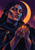 Geometric portrait of a dark-haired adult figure holding a glowing ember between cupped hands, with an amber crescent behind the head.