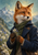 Red fox with amber eyes in a dark blue coat and moss-green scarf holding a flowering sprig against mountains, forest, and wildflowers.