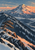 Woodblock-inspired snowy mountain landscape at sunrise, with a windswept pine on a rocky foreground ridge and coral light behind the summit.