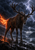 Dark stag with large antlers and fiery hindquarters standing on wet rocks in rain beneath lightning.