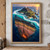 Turquoise wave curling around a green island above a squared cutaway of layered rock with glowing orange fissures.; frame shown for styling only
