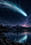 A bright comet crosses a star-filled sky above mountains and an alpine lake, with its light reflected on the water.