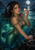 Mermaid holding a glowing pearl in moonlit water beside dark rocks, with an emerald scaled tail below the waterline.
