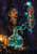 Dark-haired man in a dark coat watching a glowing leaf on a curling blue-green vine beside a glass vessel and amber lantern.