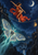Vermilion-clad aerialist balancing on a rope above a large silver-blue moth, with a hanging crescent lantern, moon, and dark cliffs.