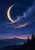 Gold-edged crescent moon behind sweeping clouds above layered mountain ridges and silhouetted evergreen trees.