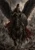 Armored rider on a dark horse with black feathered wings, spear, round shield, and red cloak amid a smoky battlefield.