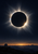 A dark disc eclipses the Sun above a mountain horizon, surrounded by a bright white-gold corona; a small observatory dome sits at lower left.