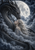 A dark horned dragon curves around a pale-haired woman beneath a bright full moon and swirling clouds.