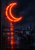 Bright orange-red neon crescent behind rain-streaked glass with descending reflections and blurred blue and amber city lights.