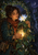 Woman in a teal coat and rust scarf tending a glowing lantern beside a pale luminous flower, with vines, ruins, and a crescent moon.