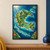 Illustrated imaginary island with a volcanic crater lake, river delta, smaller islets, reef-like details and a tiny sailboat.; frame shown for styling only