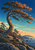 A wind-bent pine with copper-orange foliage stands on a rocky coastal ridge above the sea, with smaller trees and a distant headland.