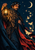 Bearded lantern-bearer in a feathered mantle and dark-red cloak, with glowing lantern, moths, stars, and crescent moon.