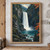 White waterfall dropping between dark forested cliffs into a turquoise pool, with orange foliage on the right.; frame shown for styling only