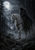 White horned horse with a dark hooded rider in a misty moonlit forest, with distant ruins ahead.