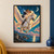 Smiling bride and groom riding a white winged horse beneath a crescent moon, with a blue ribbon streaming above a coastal town.; frame shown for styling only