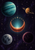 Copper-orange crescent moon among turquoise, amber, blue-gray, and plum planets with stars and orbital lines on a dark violet background.