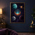 Copper-orange crescent moon among turquoise, amber, blue-gray, and plum planets with stars and orbital lines on a dark violet background.; frame shown for styling only