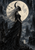 Dark-feathered full-length figure before a large pale moon, with a crescent-like head ornament, flying bats, cliffs, spires and water.