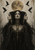 Three-faced dark-robed figure with gold-toned ornaments beneath a mottled moon-like disk, flanked by black birds.