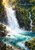 Two waterfalls descend between dark green rock walls into a foaming turquoise pool, with sunlight catching the spray.