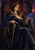 Crowned woman in a midnight-blue gown seated on a dark throne, holding a raven-headed staff and luminous blue orb, with tall feather forms at either side.