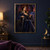 Crowned woman in a midnight-blue gown seated on a dark throne, holding a raven-headed staff and luminous blue orb, with tall feather forms at either side.; frame shown for styling only