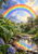Bright multicolor rainbow over a sunlit rain-wet garden, framed by glossy leaves and flowers, with rainbow colors reflected in a narrow watercourse.