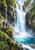 Tall waterfall plunges between green cliffs into a turquoise pool, with two people on a wooden footbridge at left.