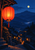 Glowing red-orange paper lantern hanging from a wooden eave above a dark blue mountain village, with a pale moon and amber-lit windows.