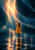 Back-facing woman in a saffron-yellow coat reaching toward a luminous curved opening above a reflective floor.