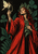 Red-haired woman in a crimson robe and leafy crown holding an oval mirror toward a pale moth, with a fern frond against dark foliage.