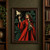 Red-haired woman in a crimson robe and leafy crown holding an oval mirror toward a pale moth, with a fern frond against dark foliage.; frame shown for styling only