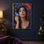 Close portrait of a dark-haired woman with a blue moth beside her cheek, framed by blue irises and pale star-shaped flowers.; frame shown for styling only