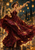 Adult woman in a sweeping garnet gown dancing beneath glowing hanging lanterns, with golden leaves, deep teal shadows, and warm reflections.