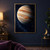 Large banded Jupiter with a prominent oval storm and a dark moon crossing in front, surrounded by faint orbital arcs, small satellites and stars.; frame shown for styling only