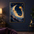 A large crescent moon with a serene human face raises a glowing amber cup beneath scattered stars and above orange-edged clouds.; frame shown for styling only