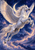 A pearl-white winged horse flies upward through luminous clouds beneath a crescent moon and starry blue-violet sky.