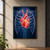 Vivid red human heart framed by a translucent rib cage and spine, with blue-violet vessels against a deep navy background.; frame shown for styling only