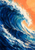Large cobalt and indigo ocean wave curls beneath a foamy crest against a warm apricot-orange background.