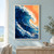 Large cobalt and indigo ocean wave curls beneath a foamy crest against a warm apricot-orange background.; frame shown for styling only