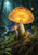 Large glowing amber mushroom with visible gills between two smaller indigo-capped mushrooms on a mossy log in a moonlit forest.