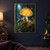 Large glowing amber mushroom with visible gills between two smaller indigo-capped mushrooms on a mossy log in a moonlit forest.; frame shown for styling only
