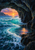 A curling turquoise wave surges into a dark coastal cave, with a glowing sunset and distant coast visible through the opening.
