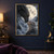 A dark-scaled dragon lowers its head toward a pale-haired woman beneath a large full moon and misty mountains.; frame shown for styling only