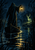 Hooded ferryman holding a glowing lantern in a wooden boat, facing an antlered spirit on a reed-lined bank.