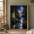 Moonlit forest stream flowing toward a glowing clearing, framed by dark spruce trees and pale flowers beneath a full moon.; frame shown for styling only