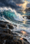 A teal wave curls over dark stepped basalt rocks beneath indigo storm clouds, with golden light over a distant coastal inlet.