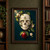 Pale skull-like mask with blossoms in its eye sockets, framed by apple branches, a hanging red apple, and a seeded apple cross-section.; frame shown for styling only